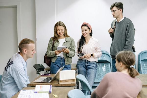 Students collaborating around a table